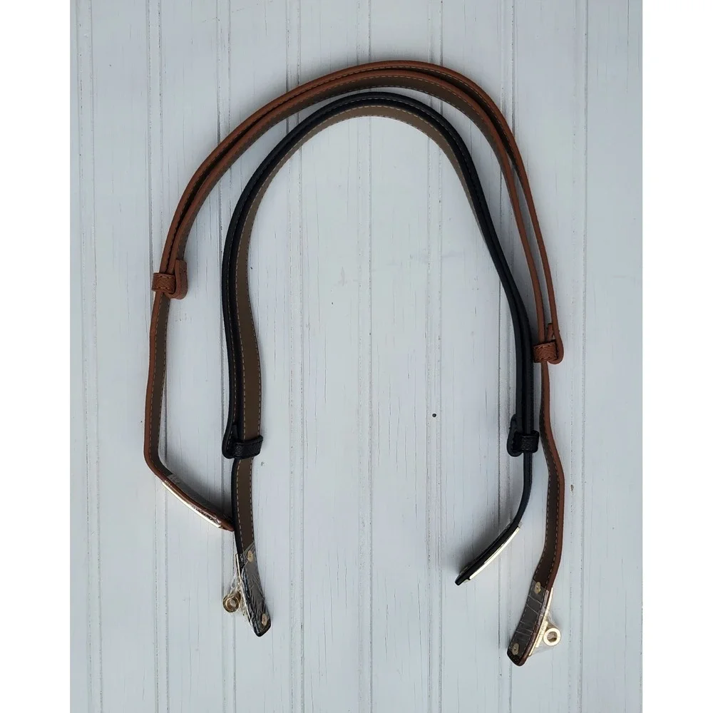 Set of 2 Thin Belts Black and Tan Brown Gold Tone Hardware Skinny Belts
